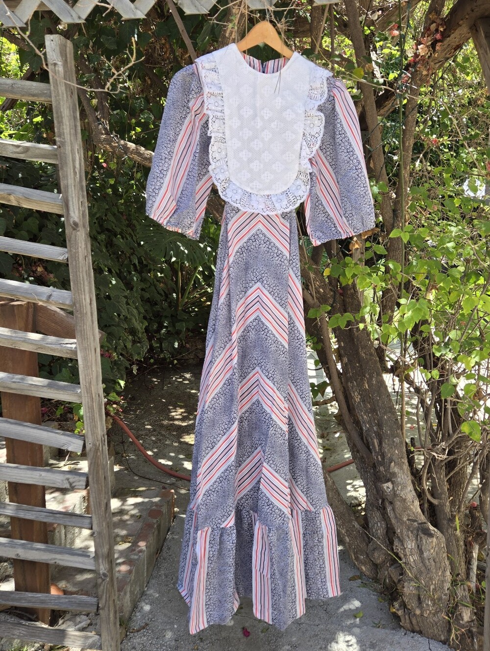 Vintage 70s Dress Balloon Sleeve Bib Front Chevron Long Maxi Dress m